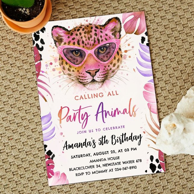Invitation Appel à tous les animaux de fête - Anniversaire lé (Calling All Party Animals - Leopard Birthday Invitation)