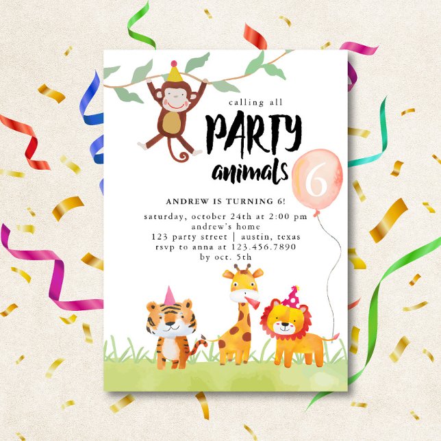 Invitation Appel à tous les animaux de fête Aquarelle Anniver (Créateur téléchargé)