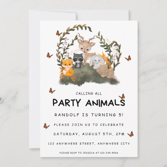 Invitation Appel à tous les animaux de la partie Anniversaire (Devant)