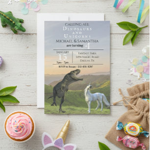 Invitation Appel à tous les Dinosaur Unicorns Twin Party Anni