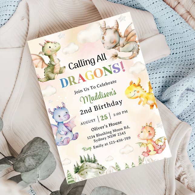 Invitation Appel à tous les dragons aquarelle 2e anniversaire (Créateur téléchargé)