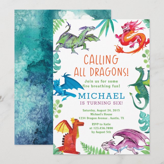 Invitation Appel à tous les dragons fête d'anniversaire (Devant / Derrière)