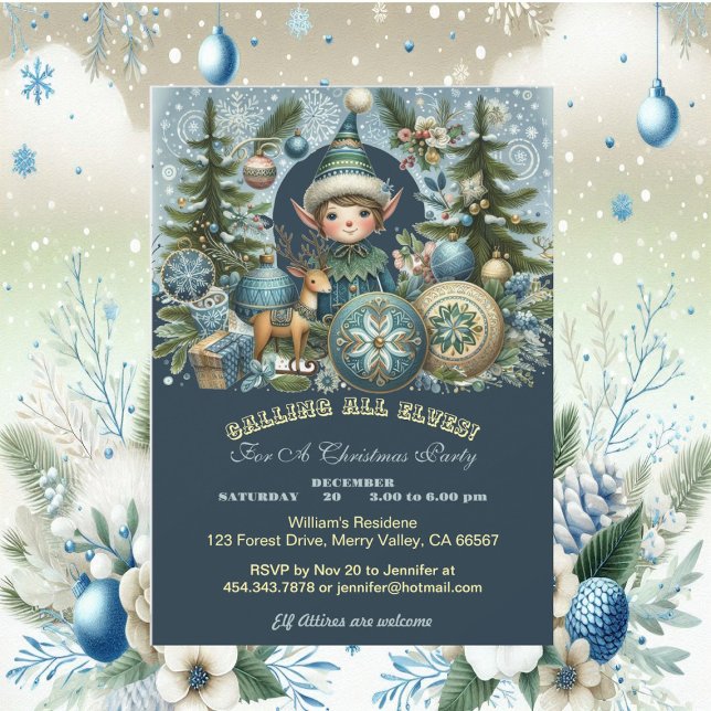 Invitation Appel à tous les elfes Snowflakes fête de Noël (Calling All Elves Snowflakes Hail Christmas Party Invitation)