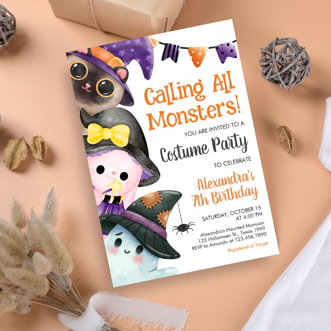 Invitation Appel à tous les monstres Costume d'Halloween Anni (Calling All Monsters Costume Halloween Birthday Invitation)