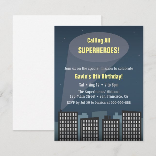 Invitation Appel à tous les super-héros à thème fête d'annive (Devant / Derrière)