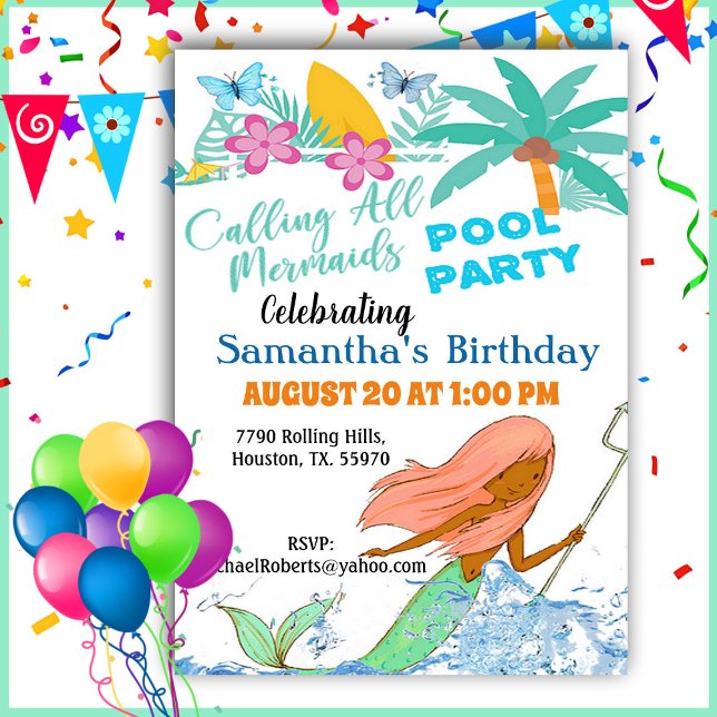 Invitation Appel à toutes les Mermaids Fête de piscine fille  (Créateur téléchargé)