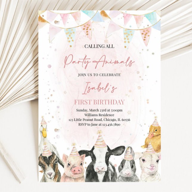 Invitation Appel modifiable à tous les animaux de fête Fille  (Créateur téléchargé)