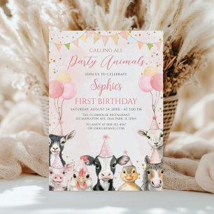 Invitation Appeler tous les animaux de fête ferme fille anniv