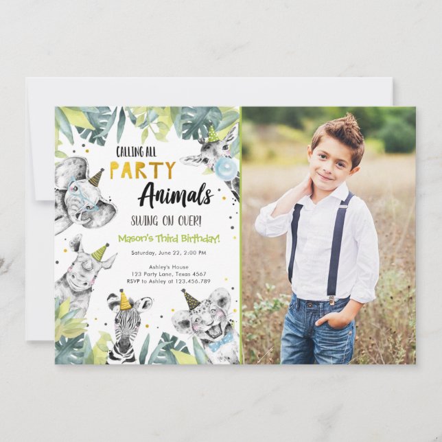 Invitation Appeler Tous Les Animaux De Fête Garçon Safari Ann (Devant)