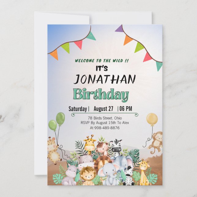 Invitation Appeler tous les animaux l Cute safari l 1e annive (Devant)