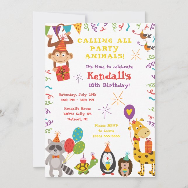 Invitation Appelle Tous Les Animaux De Fête ! Fête d'annivers (Devant)