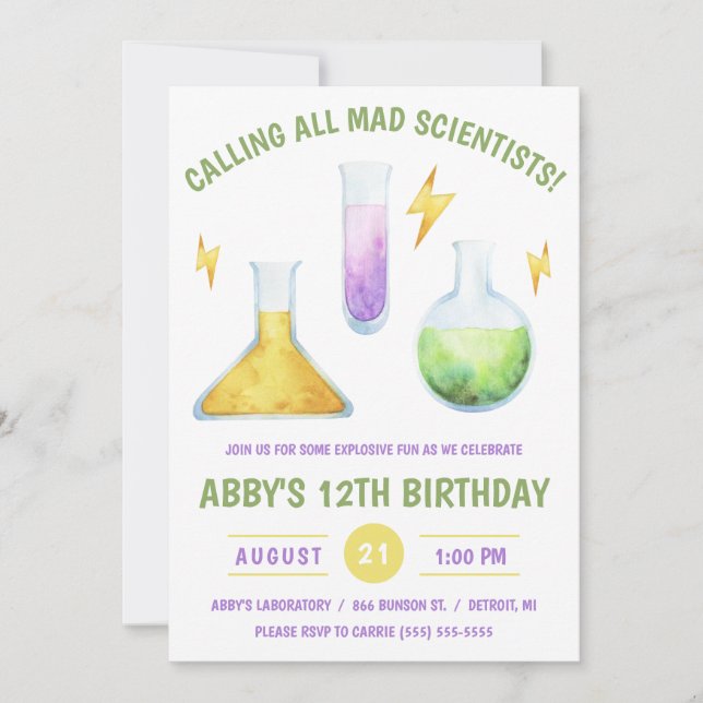 Invitation Appelle tous les scientifiques fous ! Fête d'anniv (Devant)
