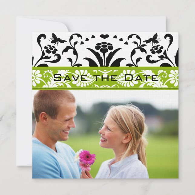 Invitation Apple Green Black Bubble Bee Damask Enregistrer la (Devant)