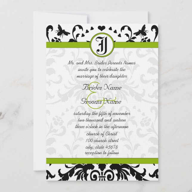 Invitation Apple Green Black Bubble Bee Mariage damassé Invit (Devant)