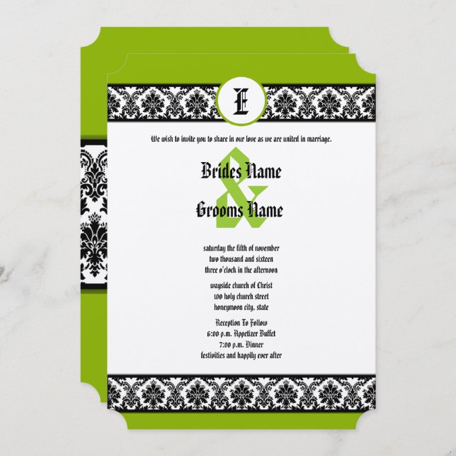 Invitation Apple Green & Black Mariage damassé (Devant / Derrière)