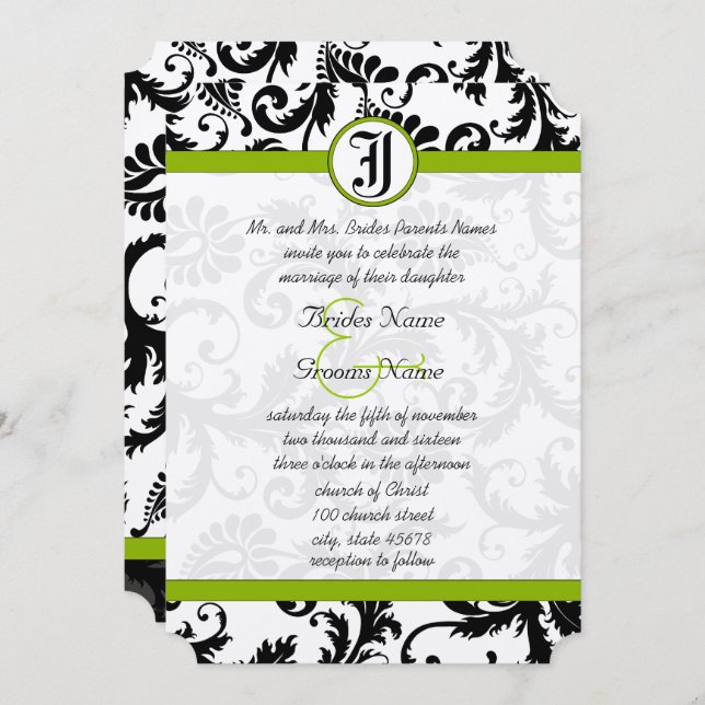 Invitation Apple Green Black Unique Mariage damassé Invitatio (Devant / Derrière)