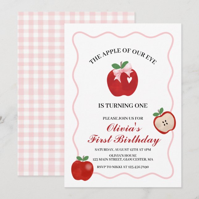 Invitation Apple Pink Bow preppy Coquette 1er anniversaire (Devant / Derrière)
