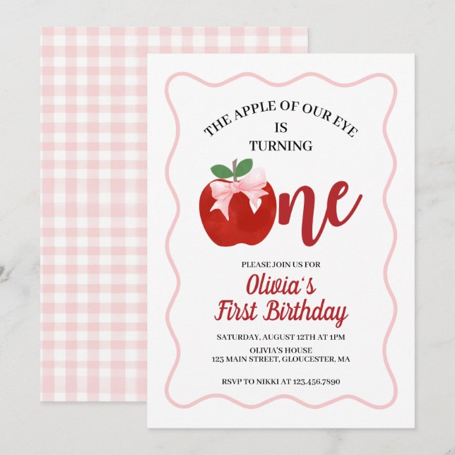 Invitation Apple Pink Bow preppy Coquette 1er anniversaire (Devant / Derrière)