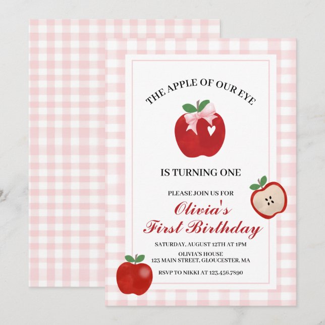 Invitation Apple Pink Bow preppy Coquette 1er anniversaire (Devant / Derrière)