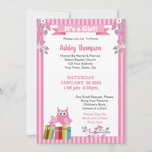 Invitation Apportez un livre Chouettes roses Baby shower flor (Devant)