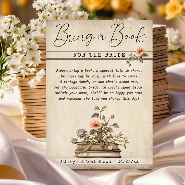 Invitation Apportez un livre pour l'insertion de Fête des mar (Vintage Bring a Book for the Bride watercolor floral library card literary bridal shower insert card)