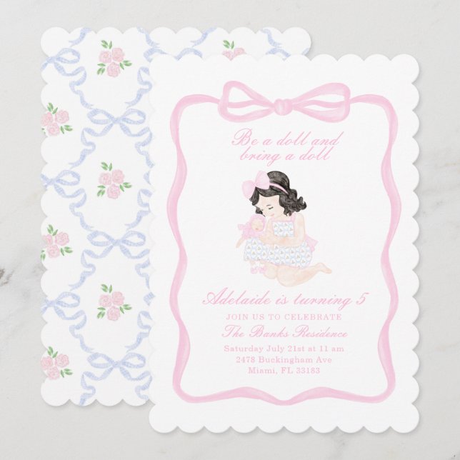 Invitation Apportez une poupée Anniversaire de la préppie gra (Devant / Derrière)