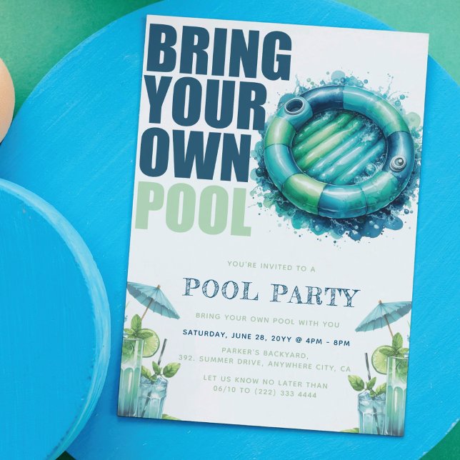 Invitation Apportez Votre Propre Fête de Piscine Bleu Turquoi (Créateur téléchargé)
