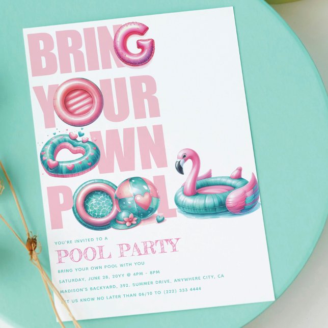 Invitation Apportez Votre Propre Fête de Piscine Rose Turquoi (Créateur téléchargé)