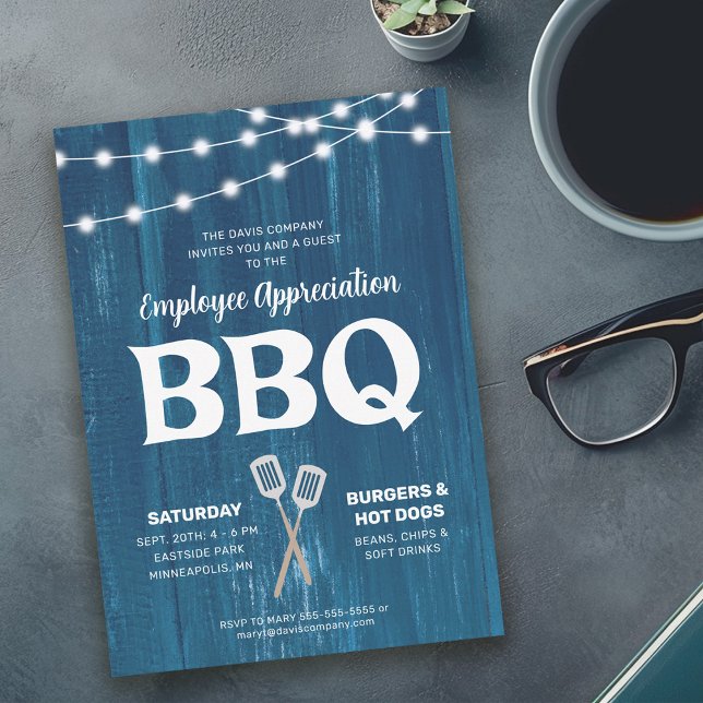 Invitation Appréciation des employés BBQ Rustique Blue Invita (Créateur téléchargé)
