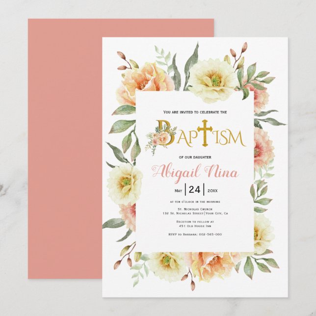 Invitation Apprivoiser les fleurs d'aquarelle fille baptême f (Devant / Derrière)