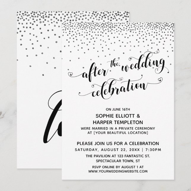 Invitation Après la célébration de mariage confettis d'argent (Devant / Derrière)