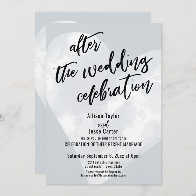 Invitation Après la fête Mariage Coeur blanc sur Grey (Devant / Derrière)