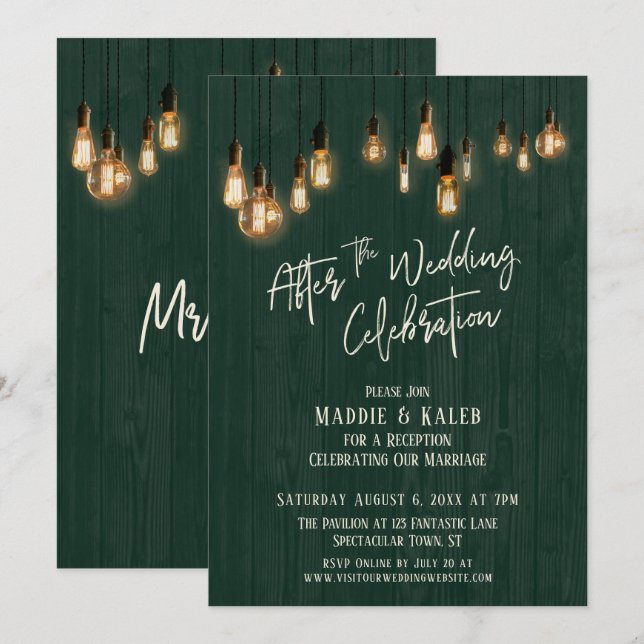 Invitation Après la fête Mariage Green Wood & Lights (Devant / Derrière)
