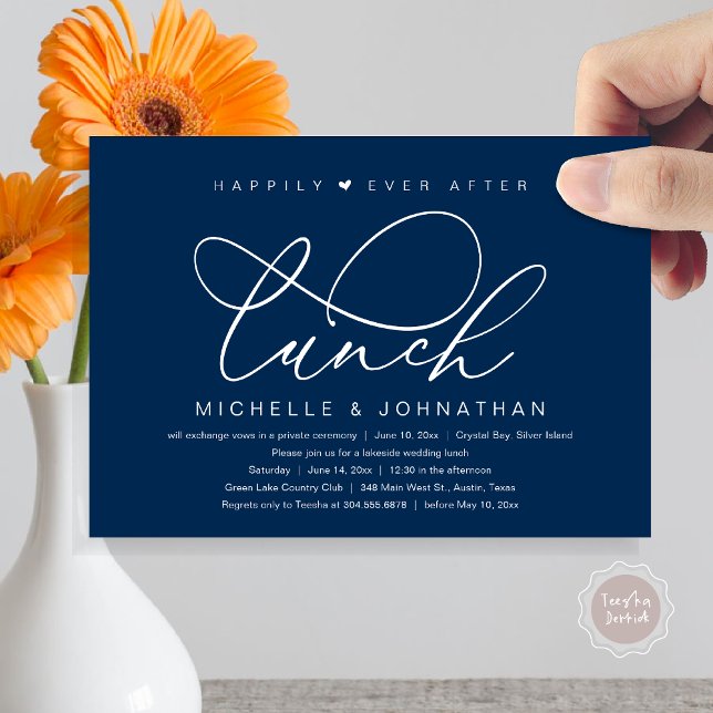 Invitation Après le déjeuner, pour toujours, fête romantique  (Happily Ever After Lunch Invitation Card, PDF, Wedding Elopement, Romantic Heart, Classy Navy Blue)