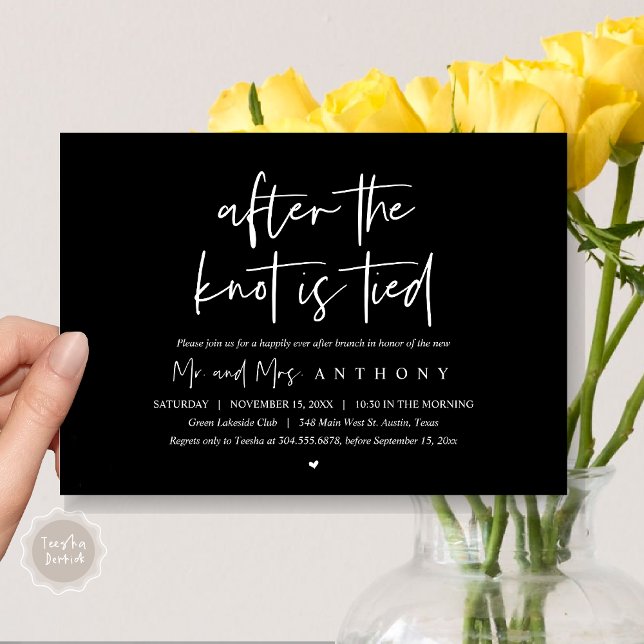 Invitation Après le noeud noué, Heureusement toujours après B (After The Knot Is Tied, Post Wedding Brunch Invitation Card, PDF, Modern Script, Elegant Black)