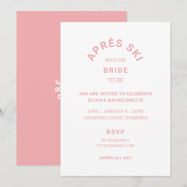 Invitation Après le ski avec la mariée à être rose Bacheloret (Devant / Derrière)