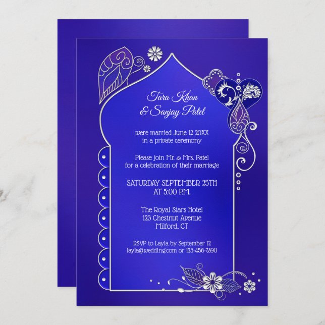 Invitation Après Mariage Bleu Indigo Argent Henna (Devant / Derrière)