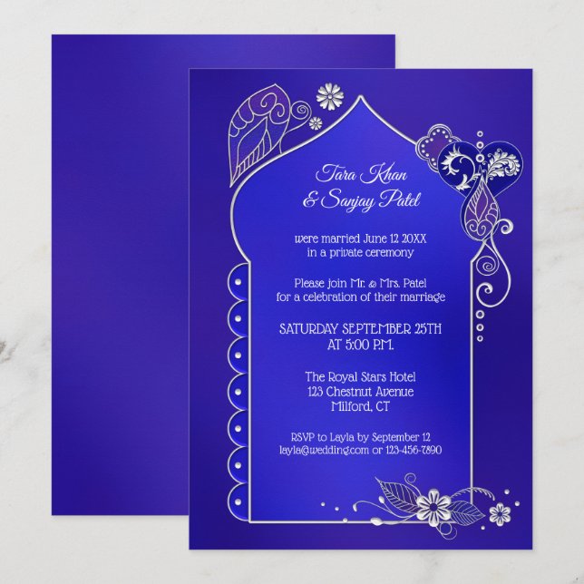 Invitation Après Mariage Bleu Indigo Argenté Henna (Devant / Derrière)