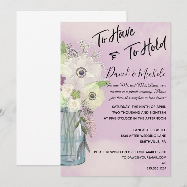 Invitation après mariage dans un pot Mason violet (Devant / Derrière)