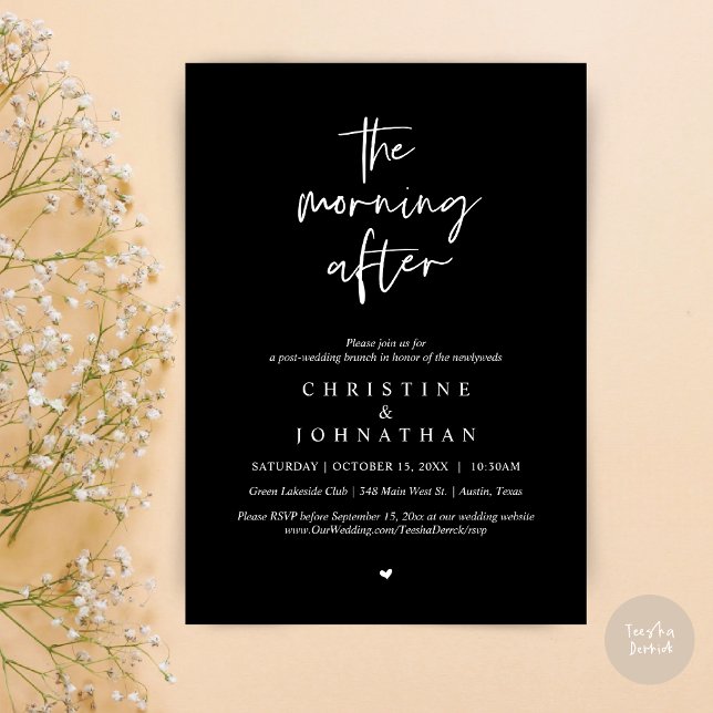 Invitation Après-midi, Brunch Mariage de la Poste moderne (The Morning After, Modern Post wedding brunch invitation card, PDF, in Classy Black)