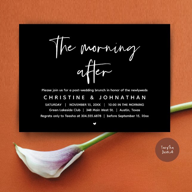 Invitation Après-midi, Brunch Mariage de la Poste moderne (Thanks a brunch, The Morning After, post wedding celebration invitation card, PDF, Classy Black)