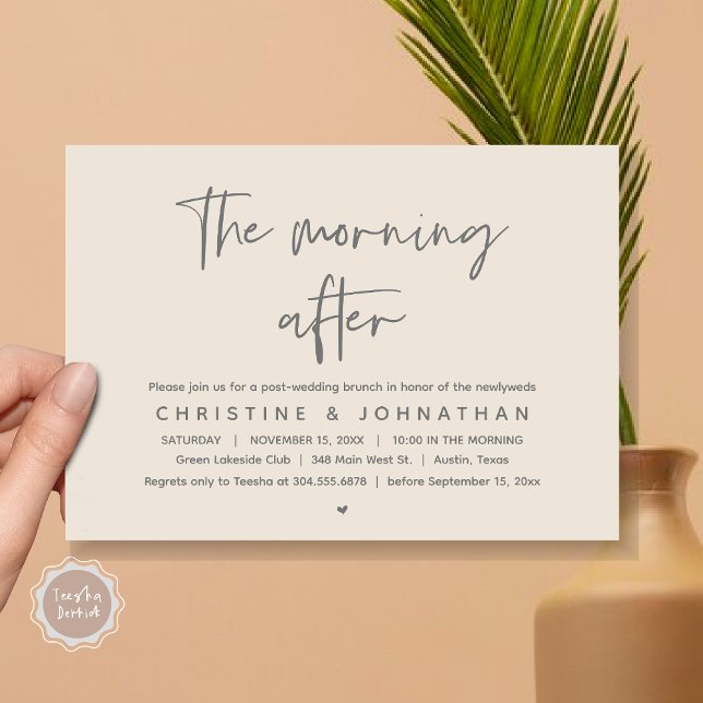 Invitation Après-midi, Brunch Mariage de la Poste moderne (Thanks a brunch, The Morning After, post wedding celebration invitation card, PDF, Cream Grey)