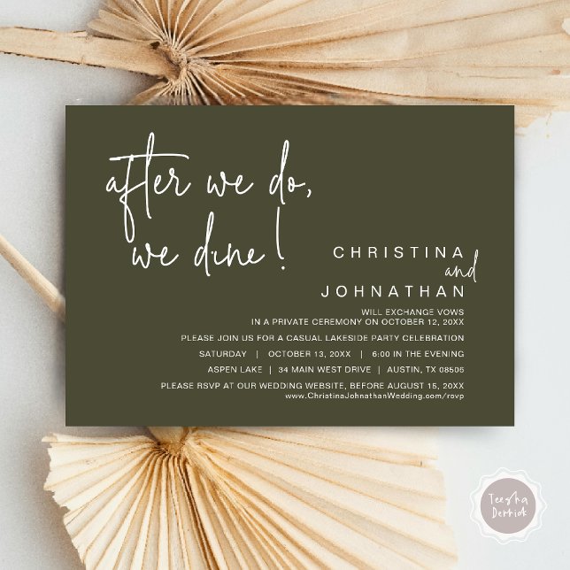 Invitation Après, Nous Dînons, Dîner Mariage Elopement (After We Do, We Dine, Wedding Elopement Dinner Invitation Card, PDF, Handwriting, Olive Green)