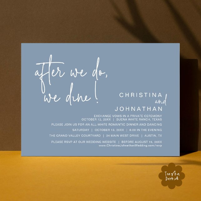 Invitation Après, Nous Dînons, Dîner Romantique Mariage (After We Do We Dine Romantic Wedding Dinner Party Invitation Card Modern Boho PDF Rustic Dusty Blue)