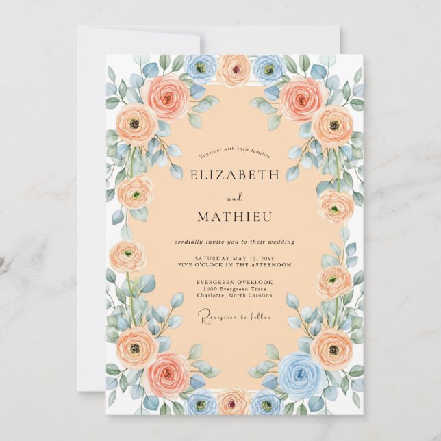 Invitation Apricot Blue Charming Spring Wedding (Devant)