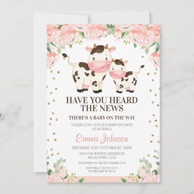 Invitation Apricot Floral Heures Nouvelles Baby shower Vache (Devant)