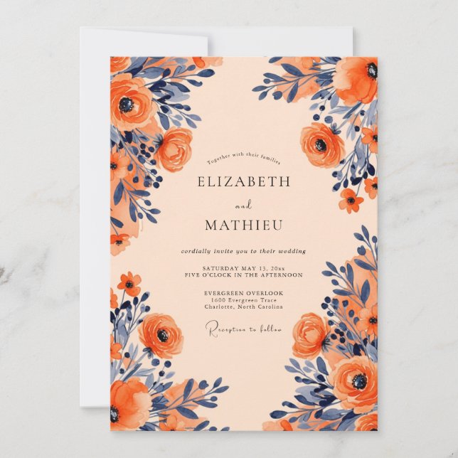 Invitation Apricot Navy Opulent Floral Wedding (Devant)