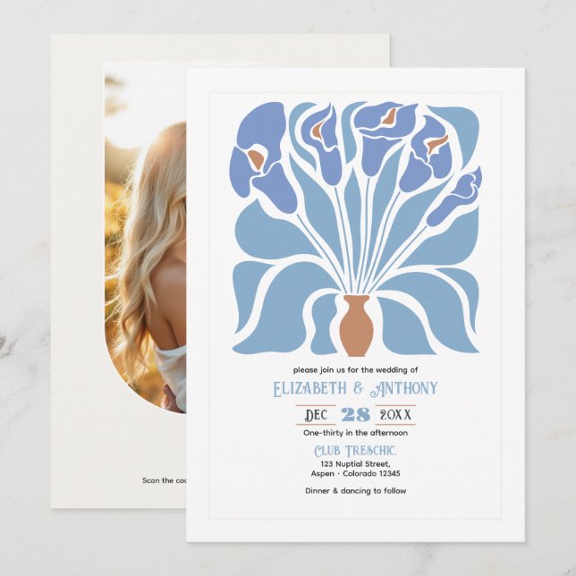 Invitation Apricot & Sky Blue Abstract Floral Boho Wedding (Devant / Derrière)