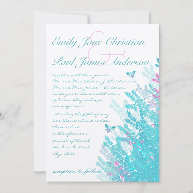 Invitation Aqau Bleu et Fleurs sauvages roses chaudes Abeille (Devant)