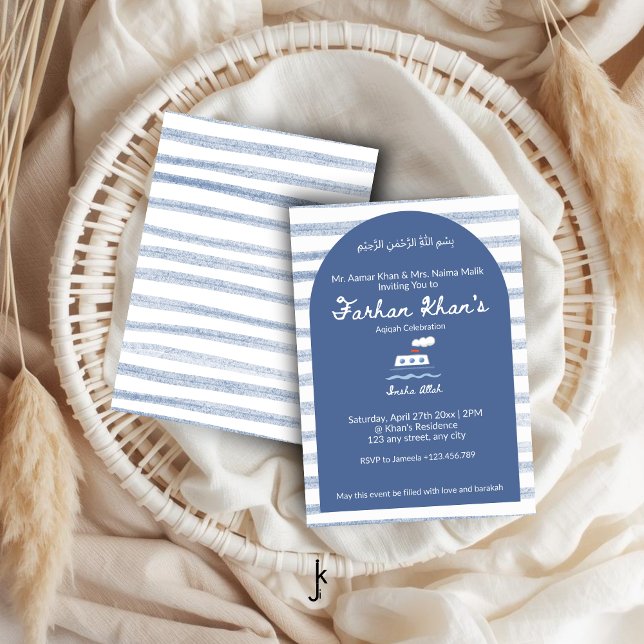 Invitation Aqiqah Bébé Garçon Rayure Bleue Marine Blanc (Créateur téléchargé)